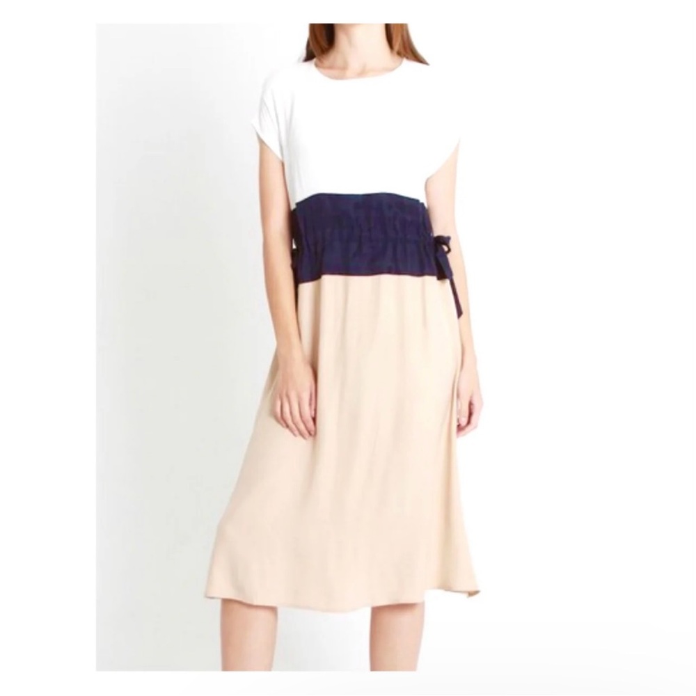 all : row Mix-Media Colorblock Midi Dress Cream Navy Tan M